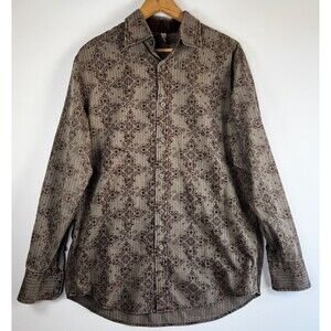 Vintage 90s Transcript Mens Shirt Brown Baroque Damask‎ Long Sleeve Button Up